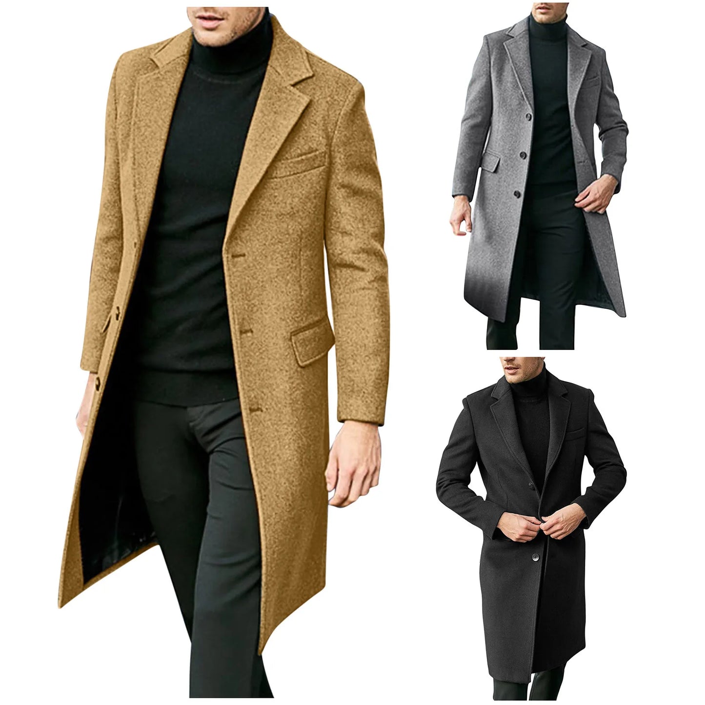 mens coats Autumn Winter Long Trench Coat woolen Solid Color Mid-Length
