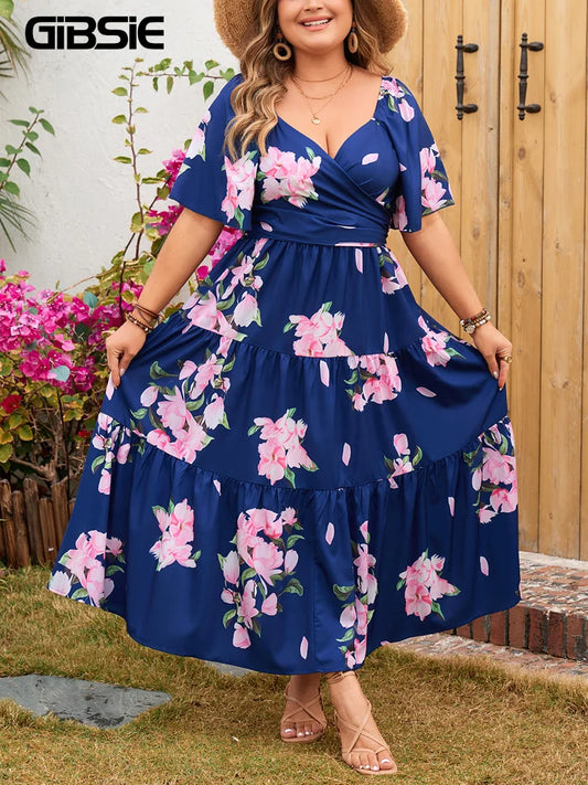 GIBSIE Plus Size Sweetheart Neck Belted Ruffle Hem Dress Women Summer 2024 Boho Vacation Floral Print A-line Maxi Long Dresses