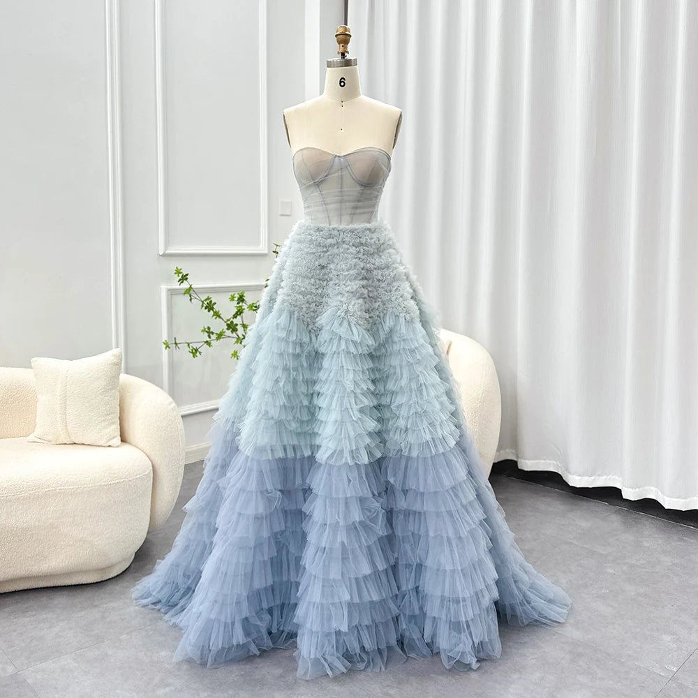 Homecoming Dresses: Blue Ombre Tiered Ruffles Evening Dresses Ball Gown