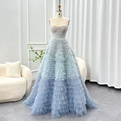 Blue Ombre Tiered Ruffles Evening Dresses Luxury Dubai Ball Gown