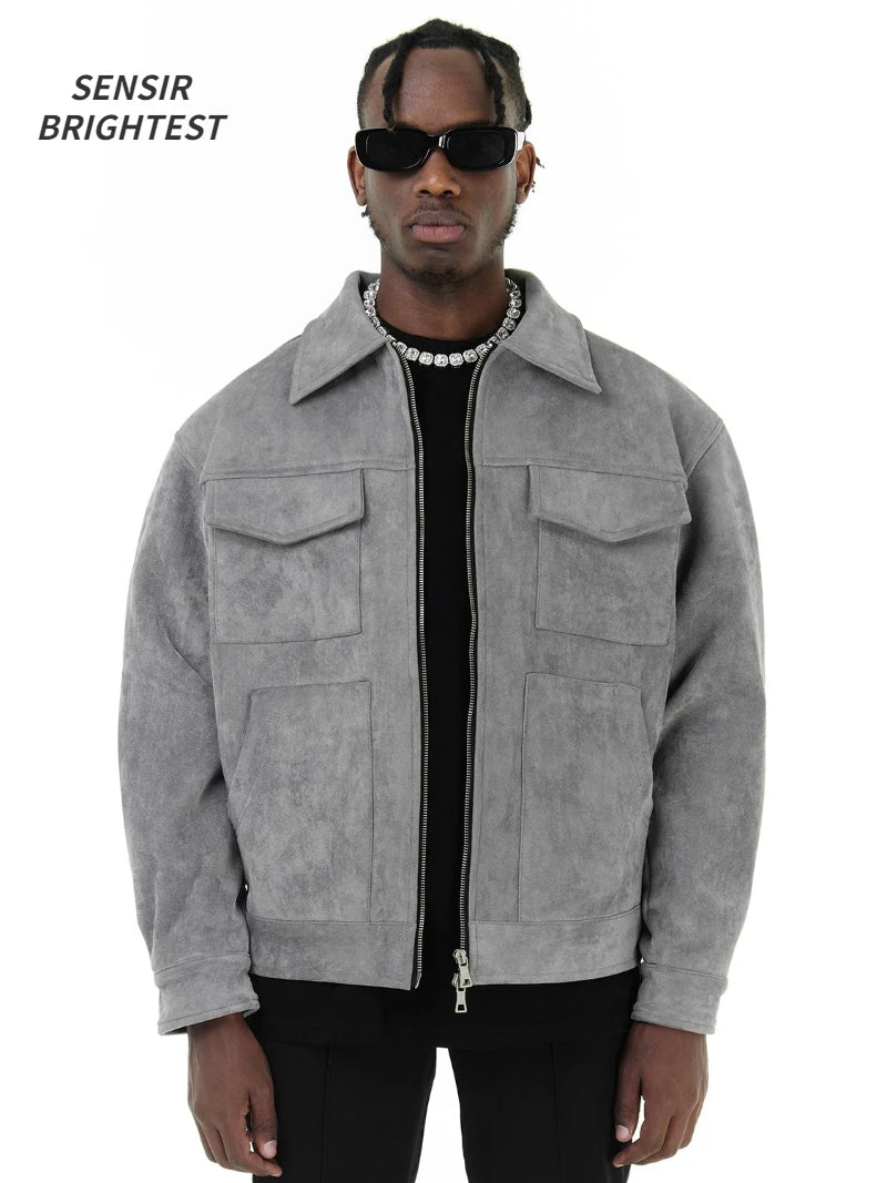 Autumn Jackets Casual Clothes High Street Pockets Laper Zipper Suede Thick Coat