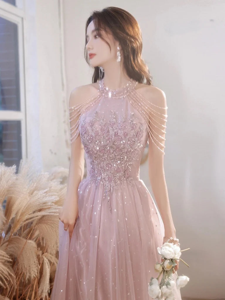 Homecoming Dresses: Sequins Beading Halter With Tassel Sleeve Prom Evening Gowns