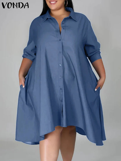 Plus Size 5XL VONDA Women Vintage Shirt Dress 2023 Autumn Denim Long Sleeve Asymmetrical Midi Vestidos Solid Elegant Sundress