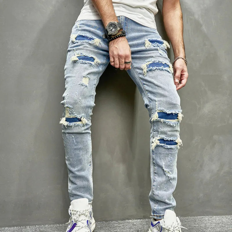 Men Holes Casual Skinny Jeans Pants Streetwear Male Stylish Ripped Solid Hip Hop