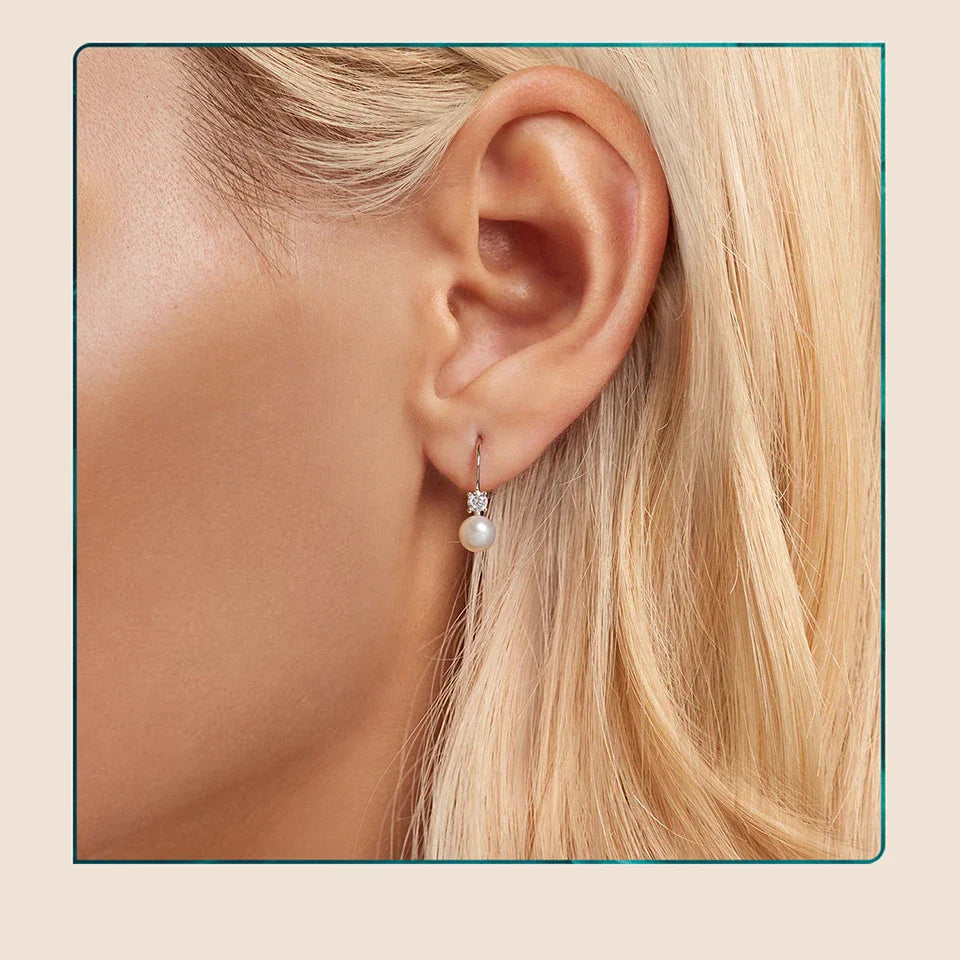 BAMOER Moissanite Freshwater Pearl Earrings for Women Wedding, Round Cut Lab Diamond 925 Sterling Silver Drop Dangle Ear Buckles