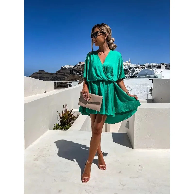 Women's S-XL size Commuter Dress Fashion V-neck Short Sleeved Solid Satin Loose Dress Leisure Vacation Party Women's Dress