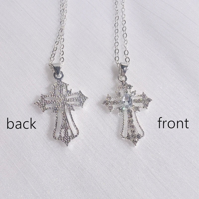 Gothic Big Zircon Cross Necklace Unisex Y2K Irregular Goth Large Cross Pendant Necklaces  for Men Women Couple Necklace Jewelry