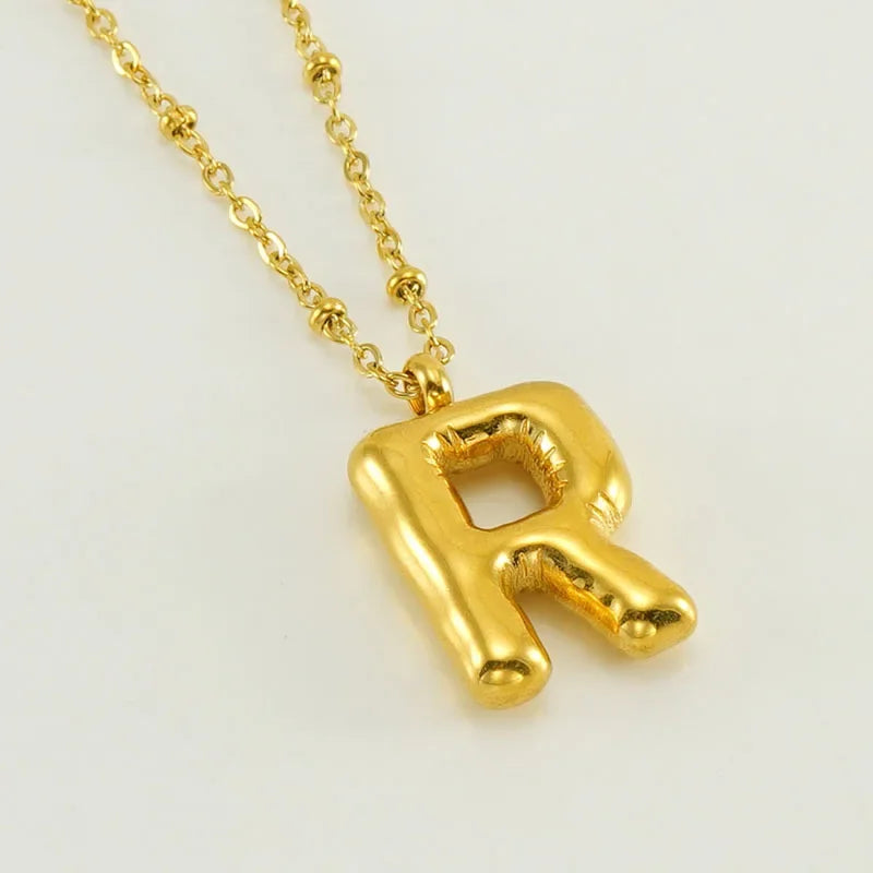 Vintage Stainless Steel Balloon Bubble Chunky Letter Necklace for Women 18K Gold