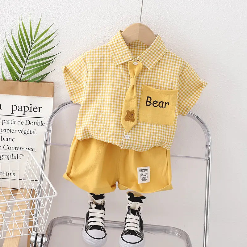 Summer Casual Plaid T-Shirt And Pants Set with Tie for Baby Boys Cotton Toddler Outfit 2Pcs Clothing Suit Kids Clothing