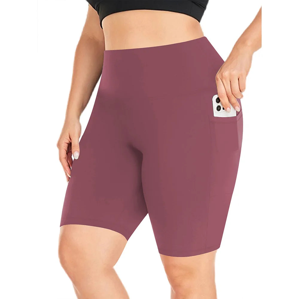 Women's High-Waisted Yoga Shorts Plus Size Workout Leggings with Dual Pockets Stretch European Style Activewear for Gym & Casual