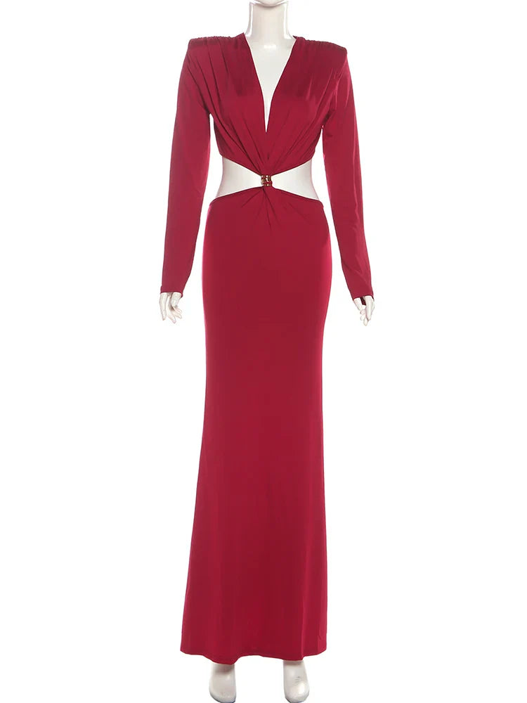 kliou Waistless V-neck Women Maxi Dresses Classic Elegant Lapel Full Sleeve V-neck Sheath Vestidos Female High Street Bodycon