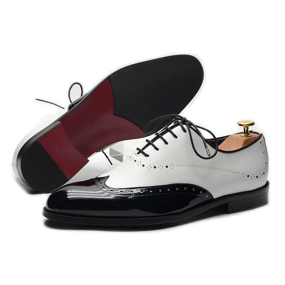 Formal Oxfords Shoes for Men White Black Real Cow Patent Leather Business Lace-up Wingtip Toe Brogue Wedding Mens Dress Shoes