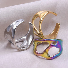 1Pc Stainless Steel Women Personality Textured Chunky Open Rings Punk Hammered