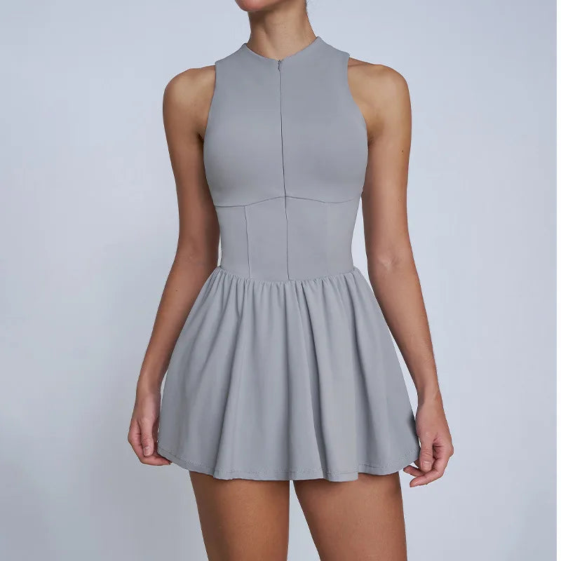 BIANHUI Women's Summer Sundress Fake Two-Piece Stand Collar Dress Running Anti-Exposure Base Layer A Flared Tennis Skirt
