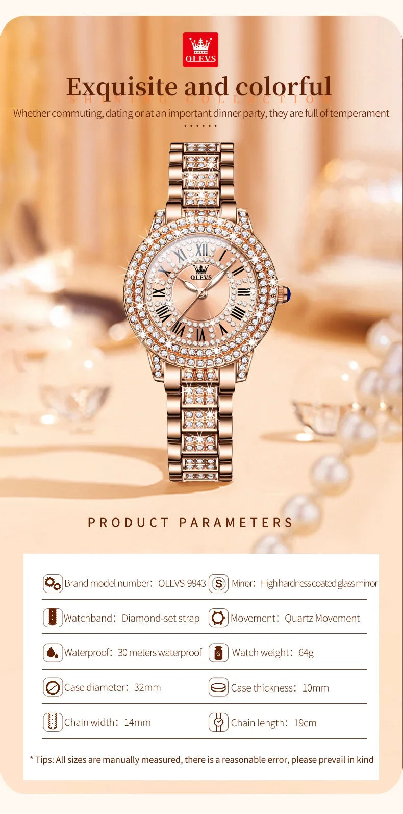 OLEVS 9943 Luxury All Diamond Original Quartz Watch for Women Elegant Rose Gold Stainless Steel Waterproof Ladies Wrist Watches