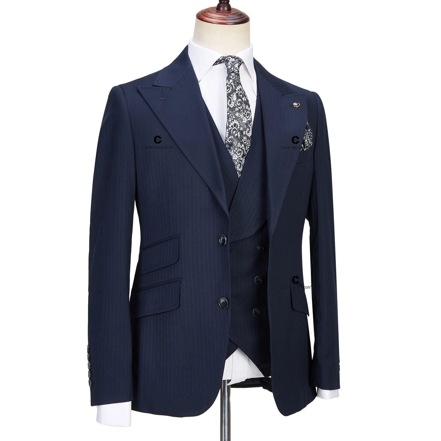 Tuxedo for Mens: Dark Blue Pinstripe 3 Piece Classic Men Suits Blazer Vest Pants