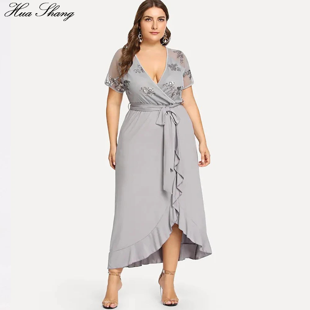 Curvy Woman Party Dress 2022 Summer V Neck Short Sleeve Sequied Bridesmaid Wedding Dresses Ruffles Plus Size Maxi Long Dress