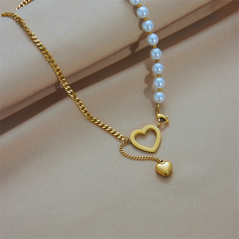 316L Stainless Steel Gold Color Heart Pearl Pendant Necklace For Women Punk Street