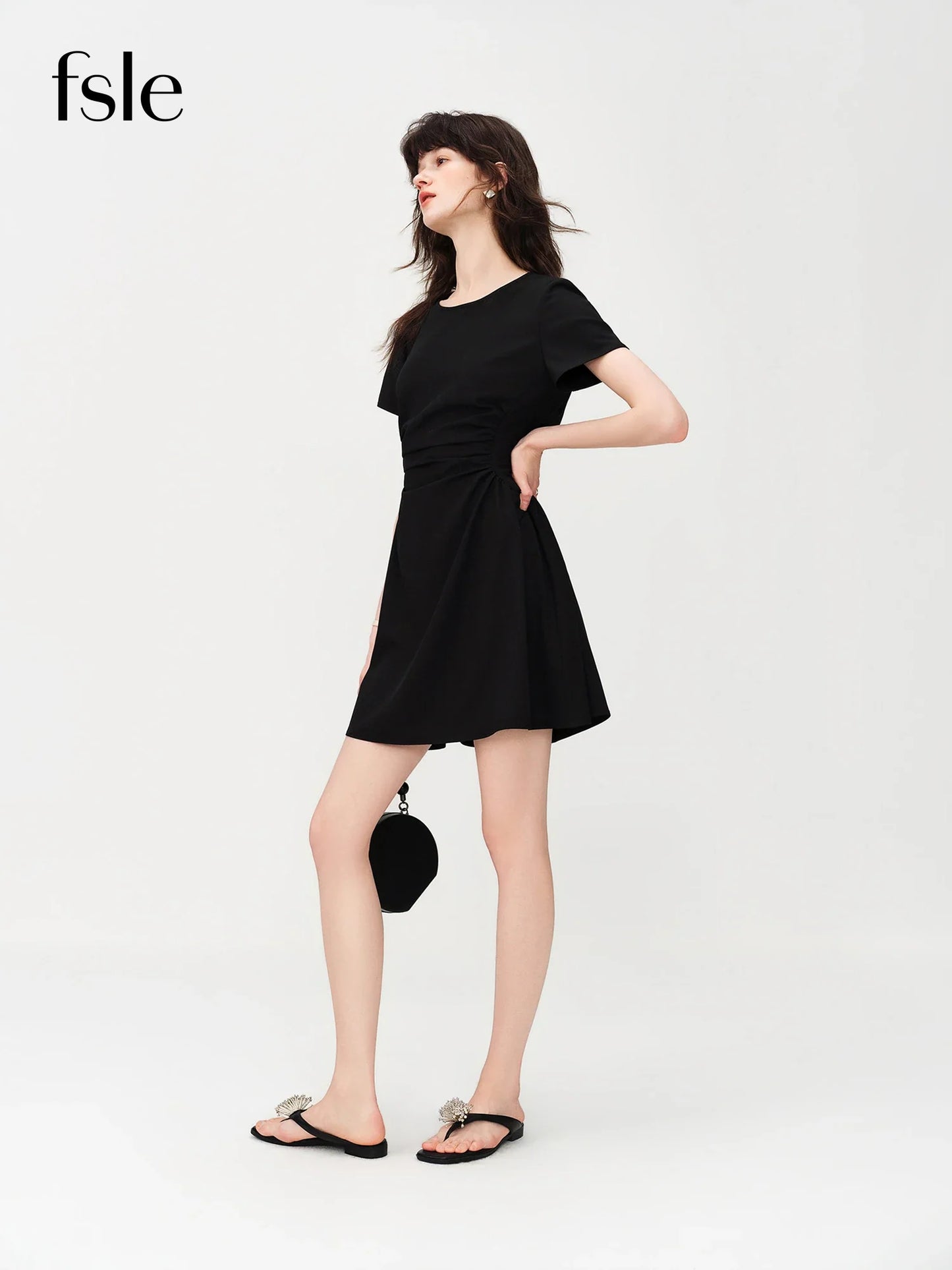 FSLE 2026 Summer Women's Black Midi Dress, Crew Neck Short Sleeve Waist-Cinching Slim Fit Black Dress for Chic Minimalist Style