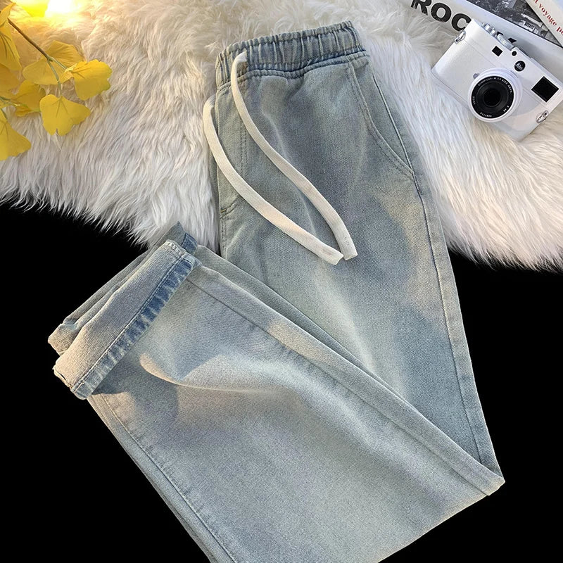 Men's Baggy Straight Drawstring Elastic Waist Personality Fashion Vintage Denim
