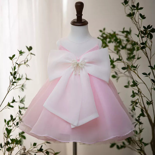 Flower Girl Pink Luxury Dress Children Birthday Baptism Dresses For Kids Elegant Big Bow Frocks Girls Boutique Party Wear Dress