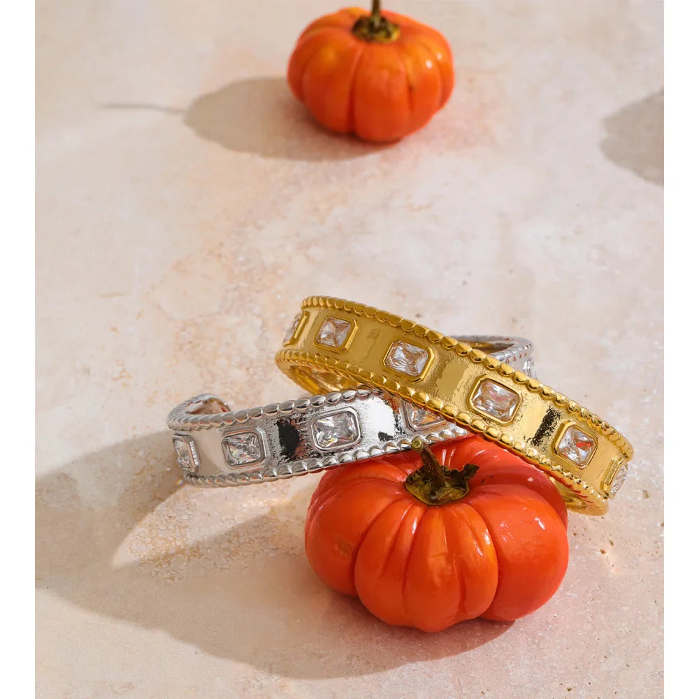 Yhpup 62mm High Quality Stainless Steel Square Zirconia Cuff Bracelet Bangle Trending Texture Premium Jewelry Recommend