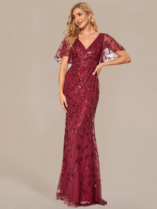 Evening Dresses Ever pretty of Gorgeous V Neck Leaf-Sequined Fishtail Burgundy Bridesmaid Dress