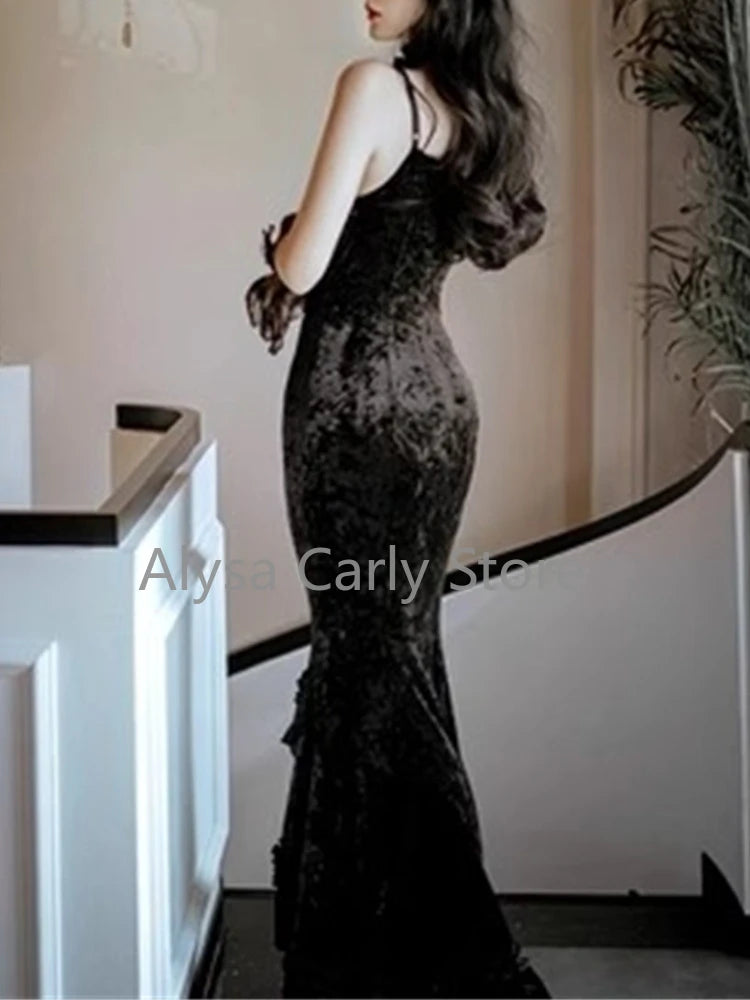 Formal attire Dresses: Velvet Long Dress Women Elegant Slim Spaghetti Strap Folds Dress