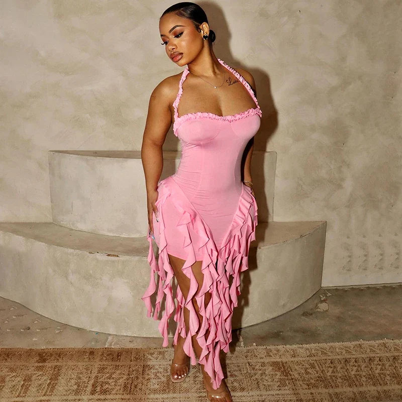 Hugcitar Elegant Halter Solid Ruffles Backless Taseel Sexy Slim Mini Dress Spring Women Cute Outfits Birthday Party Vacation