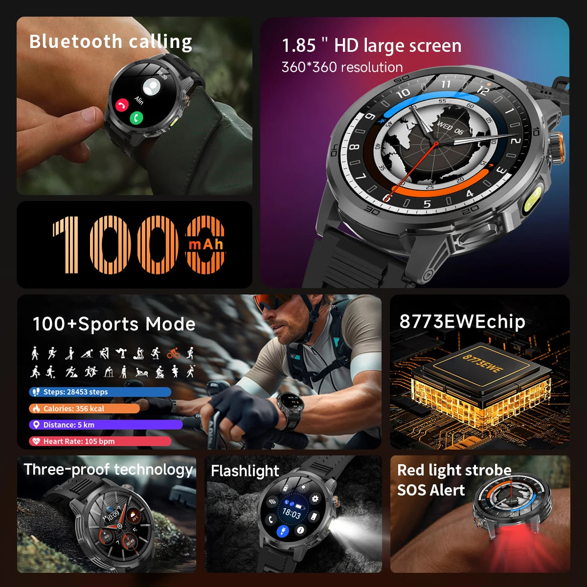 1000mAh Super Large Battery Military Smart Watch BT Call LED Flashlight SOS Alarm 5ATM Waterproof Outdoor Tactical Watches Men