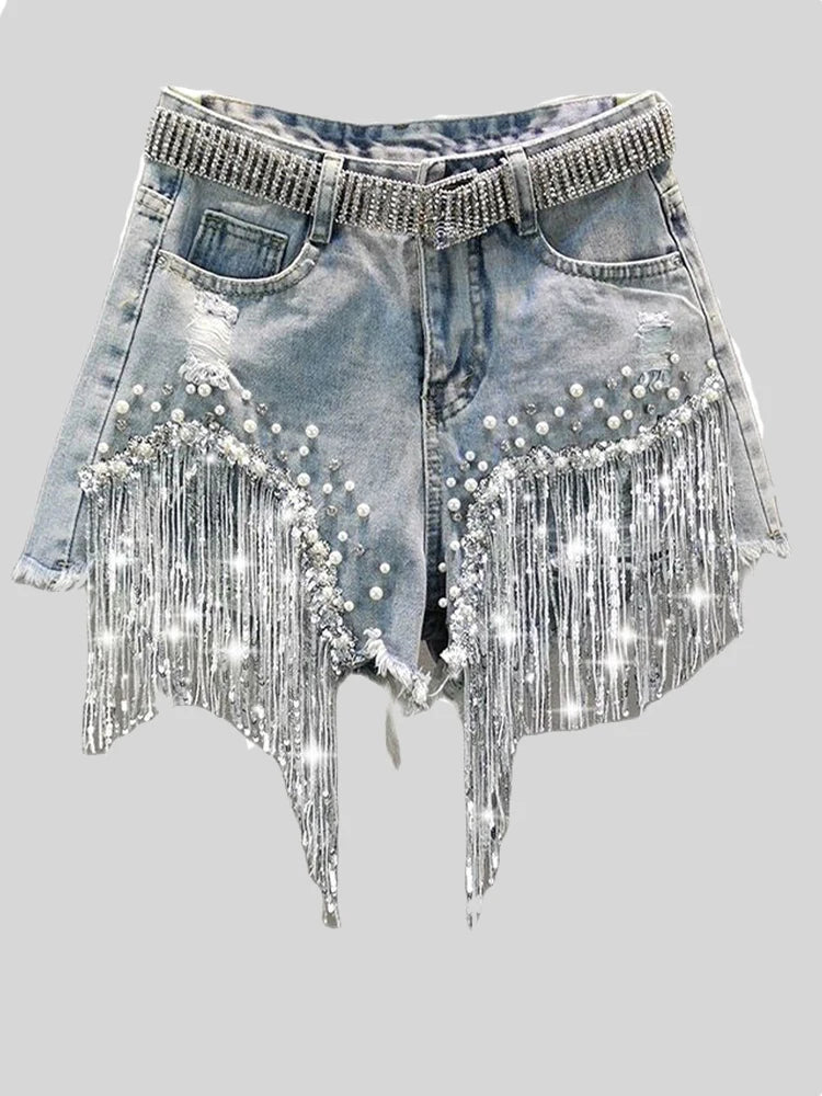 Waist Beads Tassel Women's Denim Shorts Summer Beading Wide Leg Thin
