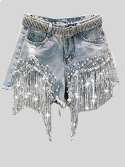 Waist Beads Tassel Women's Denim Shorts Summer Beading Wide Leg Thin