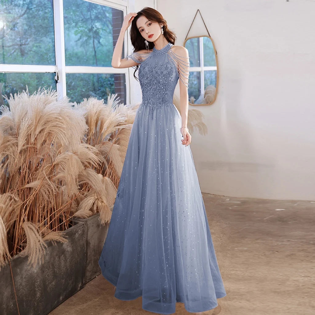 Homecoming Dresses: Sequins Beading Halter With Tassel Sleeve Prom Evening Gowns
