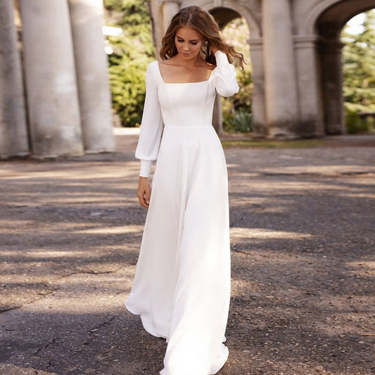 White Bridesmaid Dresses: Long Sleeves Wedding Dress For Women Neck Bride Dresses
