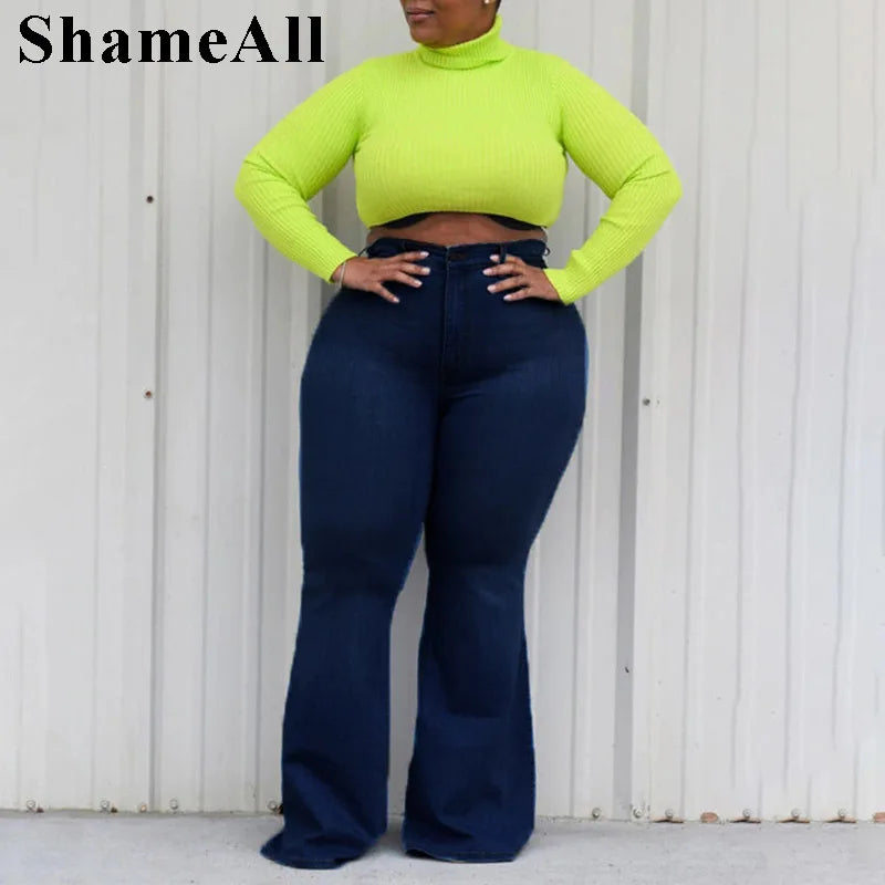 Plus Size Wide Lge Super Stretchy Flare Jeans Mom 4XL Fall Spring High Waisted Matching