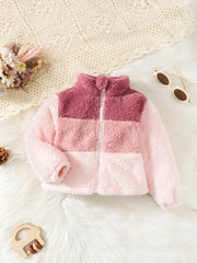 Toddler Girl Plush Coat Long Sleeves Zippered Jacket for Winter Outdoor Wear Fashion Color Blocking Warm Top for Kids 2-8 Years