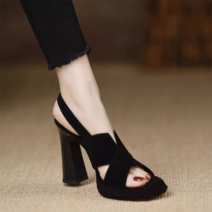 2024 Summer New One-button Sandals, Thick Open Toe Sexy Black Professional 9cm High Heels, Temperament Female Sandals