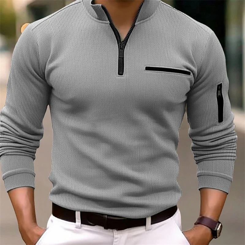 Men's new spring and autumn long-sleeved striped POLO shirt zipper collar retro style sports outdoor leisure light polo shirt