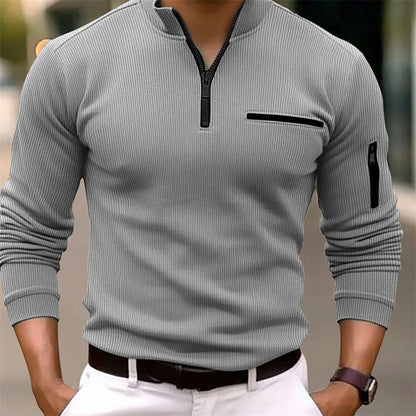 Men's new spring and autumn long-sleeved striped POLO shirt zipper collar retro style sports outdoor leisure light polo shirt