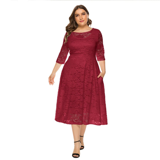 Plus Size Contrast Lace Half Sleeve Semi Sheer Midi Prom Party Wedding Evening Dress