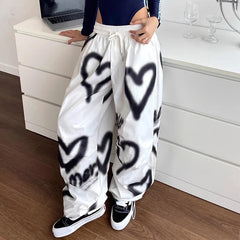 Y2K Love Graffiti Wide Leg Pants Women High Waist Streetwear Loose Drawstring