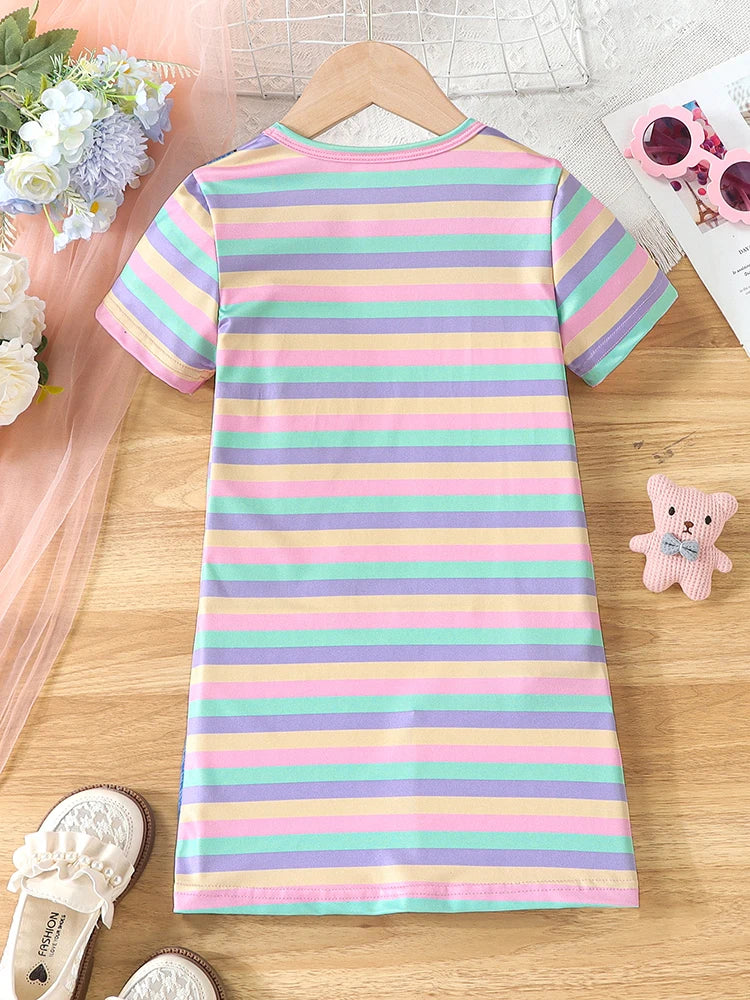 Girls Cute Cat Print Striped Casual Vacation Outing T-Shirt Dress