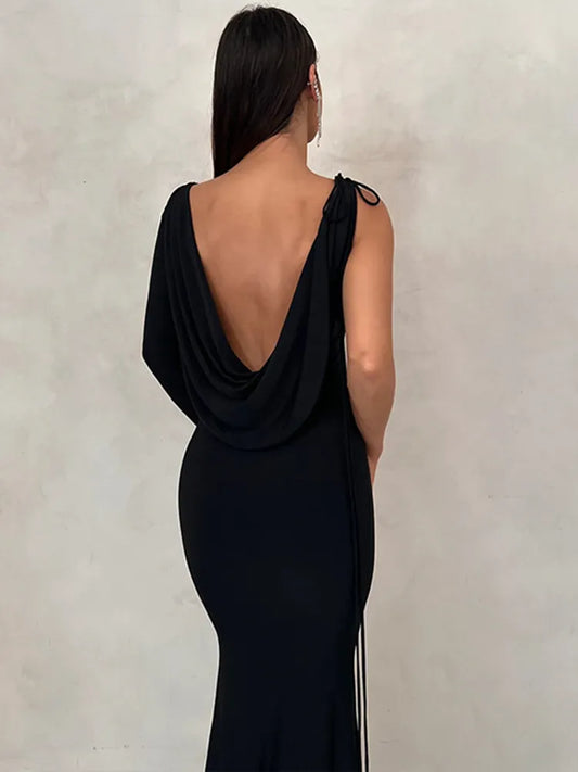 Evening wear Dresses: Lace Up Long Sleeve One Shoulder Maxi Dress For Women