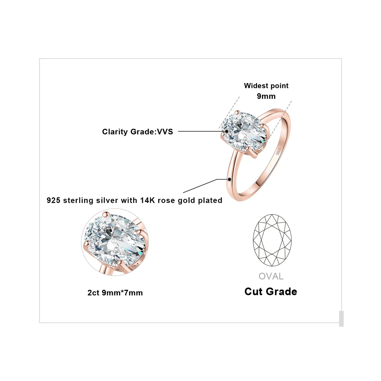 JewelryPalace Moissanite D Color 1ct 2ct Oval S925 Sterling Silver Solitaire Wedding Engagement Ring for Woman