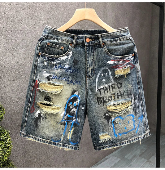 Men's Short Jeans Hip Hop Ripped Multi Color Male Denim Shorts Graphic