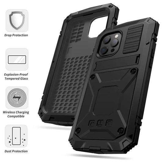 Full-Body Rugged Armor Shockproof Protective Case for iPhone 14 13 12 11 Pro Max Mini 14 Plus Kickstand Aluminum Metal Cover