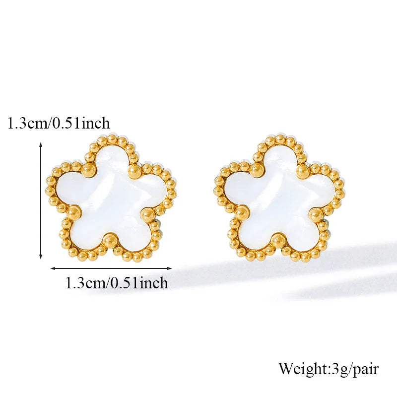 Stainless Steel White Plum Blossom Plant Leaf Flower Set Reversible Necklace Earrings Bracelet Women Clover Jewelry