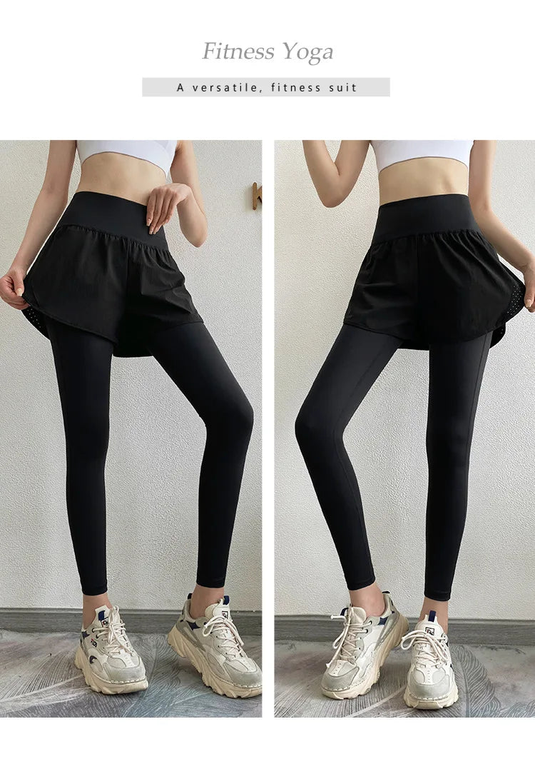 Women Gym Yoga Pants Fake 2 Pieces Sports Pants With Shorts Quick Dry Outdoor