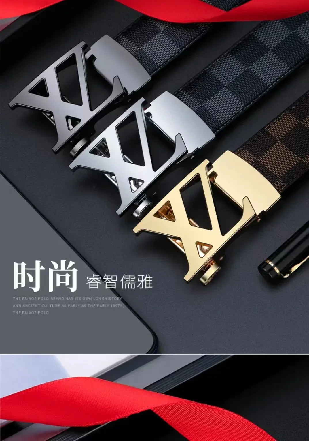 Men's Genuine Leather Belt Business Casual Automatic Buckle Checker Pattern Cowhide Trousers Belt