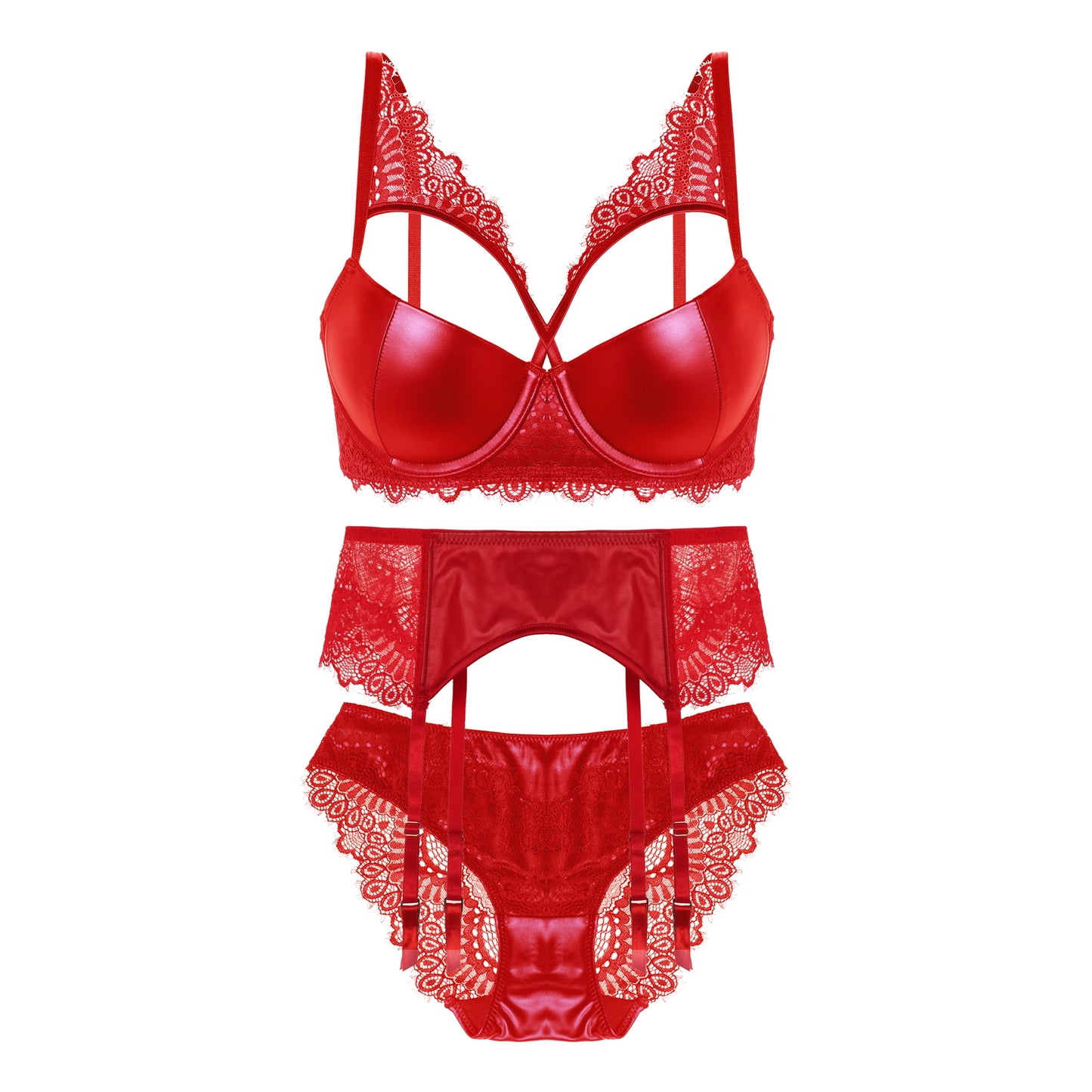 Leather Lingerie Set Female Three-pieces Bra Panties Suit With Garter Solid Lace